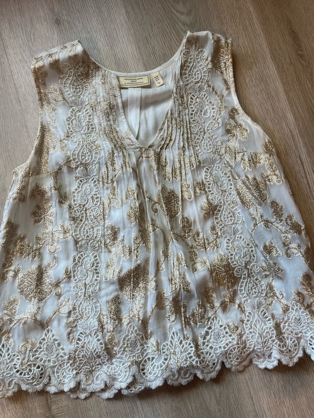 Anthropologie White Sleeveless Camisole with Gold Embroidery